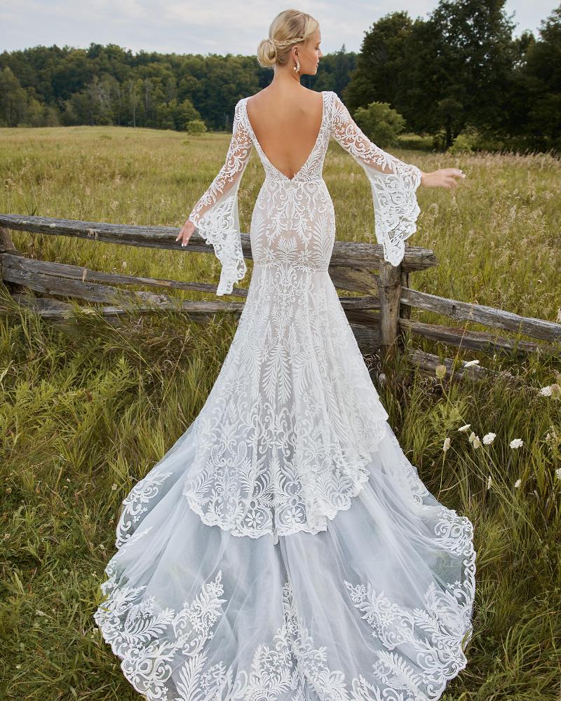 Lp2211 backless boho wedding dress with bell sleeves and mermaid silhouette2